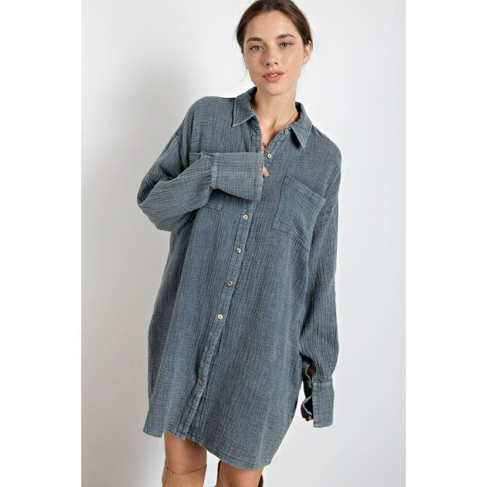 Easel Cotton Gauze Mineral Washed Shirt Dress in Slate New S-L ED16857 - Picture 3 of 5